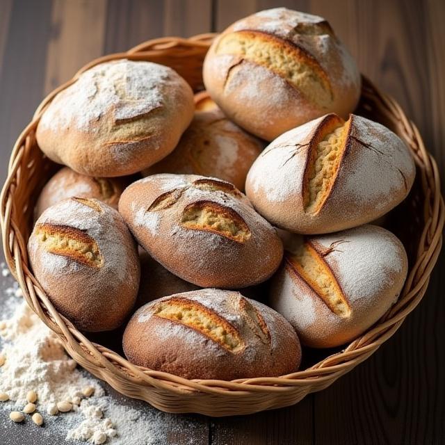 Variedad de panes de masa madre con cortezas rústicas en una cesta de mimbre.