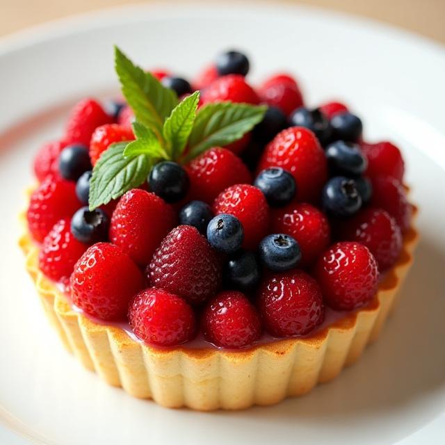 Tarta de frutas del bosque decorada con precisión y elegancia, fresas, arándanos y hojas de menta.