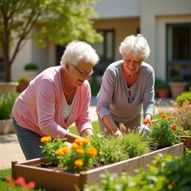 Residents enjoying a gardening activity in a sunny courtyard.