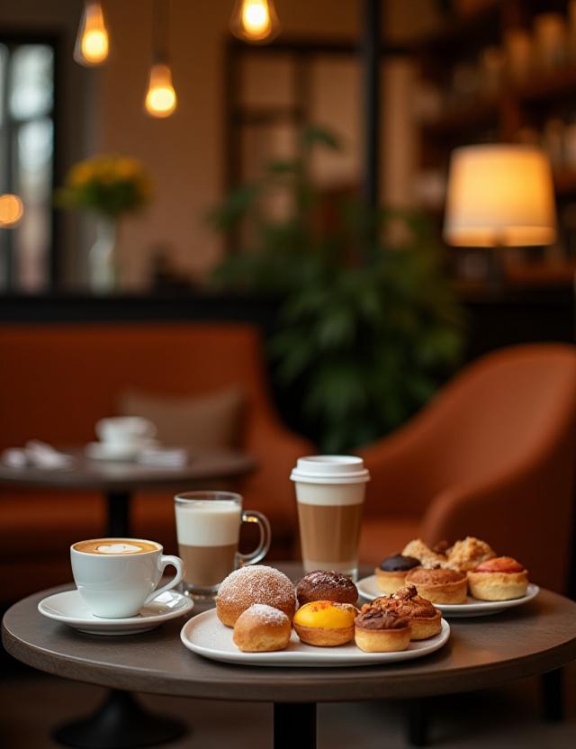 Zona de cafetería de Rueda del Sabor con café y varios dulces en exhibición.
