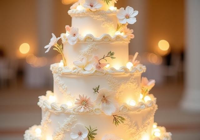Una espectacular tarta de boda de varios pisos decorada con delicadas flores naturales y detalles artísticos.